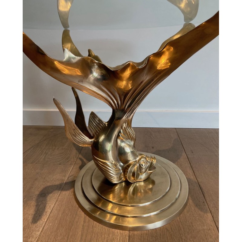 Table Basse en Laiton Sculpté à Base de Poisson et Plateau de Verre Rond, France vers 1970