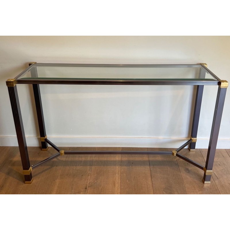 Glass-Top Console Table in Lacquered Aluminium & Gilt Metal, Pierre Vandel, France circa 1970