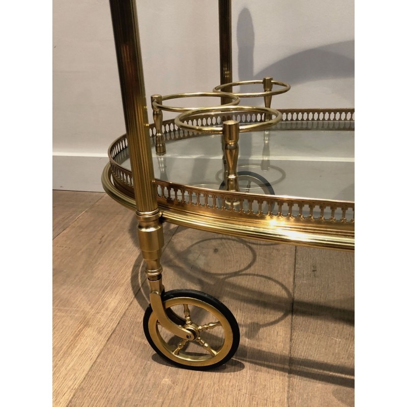 Oval Two-Tier Brass Bar Trolley with Gallery Rail, Maison Baguès, France circa 1940