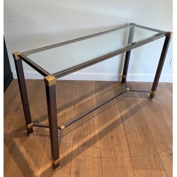 Glass-Top Console Table in Lacquered Aluminium & Gilt Metal, Pierre Vandel, France circa 1970