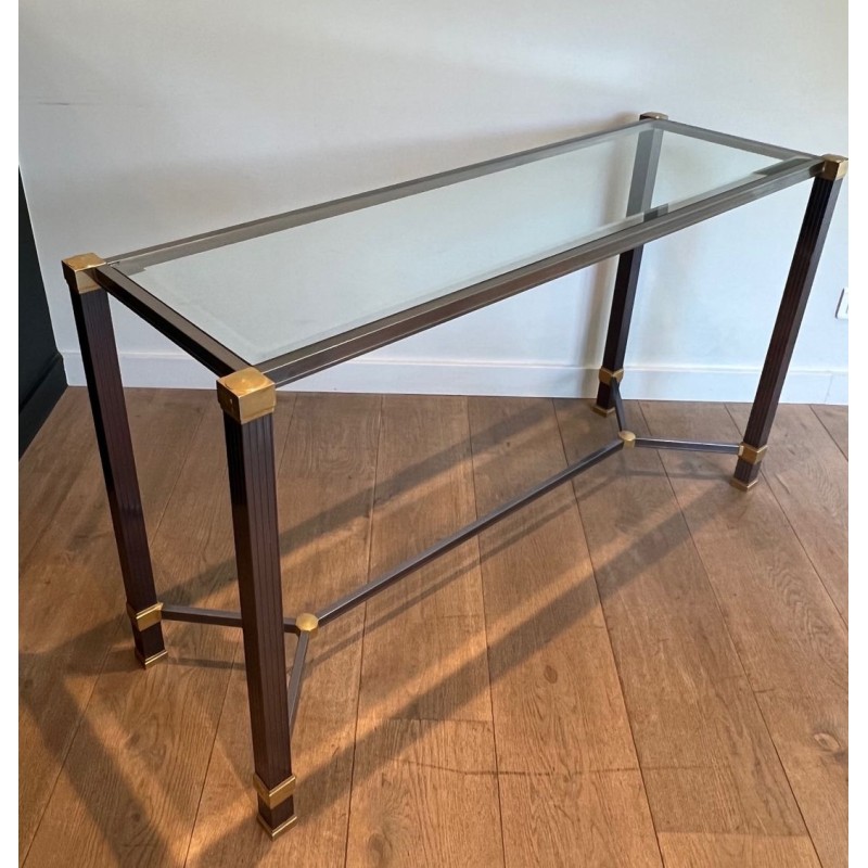 Console à Plateau de Verre en Aluminium Laqué et Métal Doré, Pierre Vandel, France vers 1970
