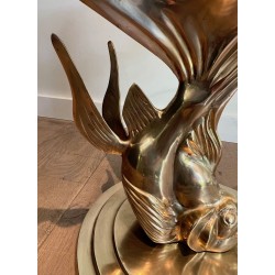 Table Basse en Laiton Sculpté à Base de Poisson et Plateau de Verre Rond, France vers 1970