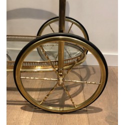 Oval Two-Tier Brass Bar Trolley with Gallery Rail, Maison Baguès, France circa 1940