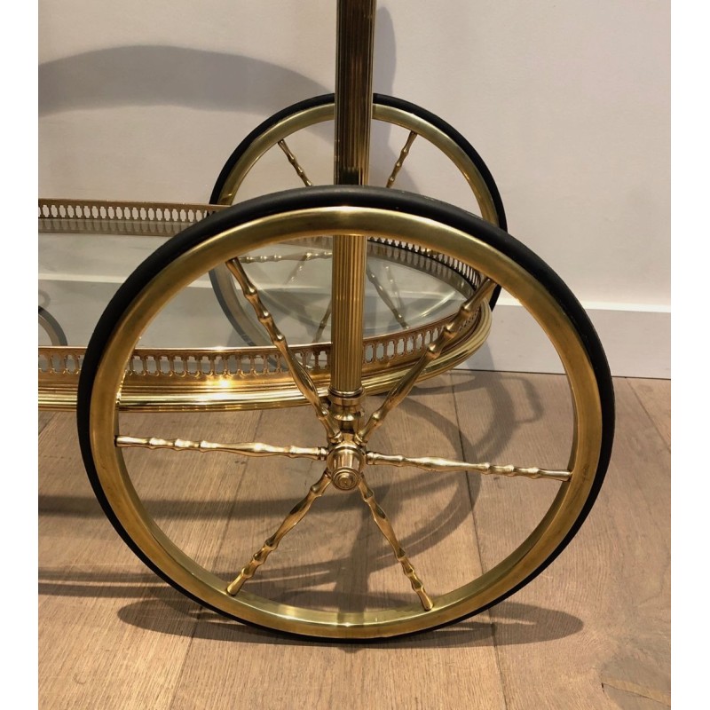 Oval Two-Tier Brass Bar Trolley with Gallery Rail, Maison Baguès, France circa 1940