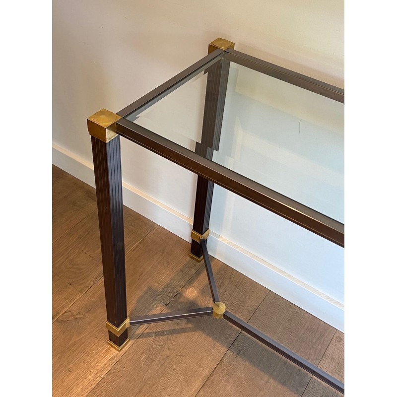 Glass-Top Console Table in Lacquered Aluminium & Gilt Metal, Pierre Vandel, France circa 1970