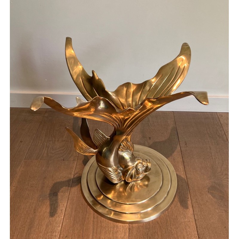 Table Basse en Laiton Sculpté à Base de Poisson et Plateau de Verre Rond, France vers 1970