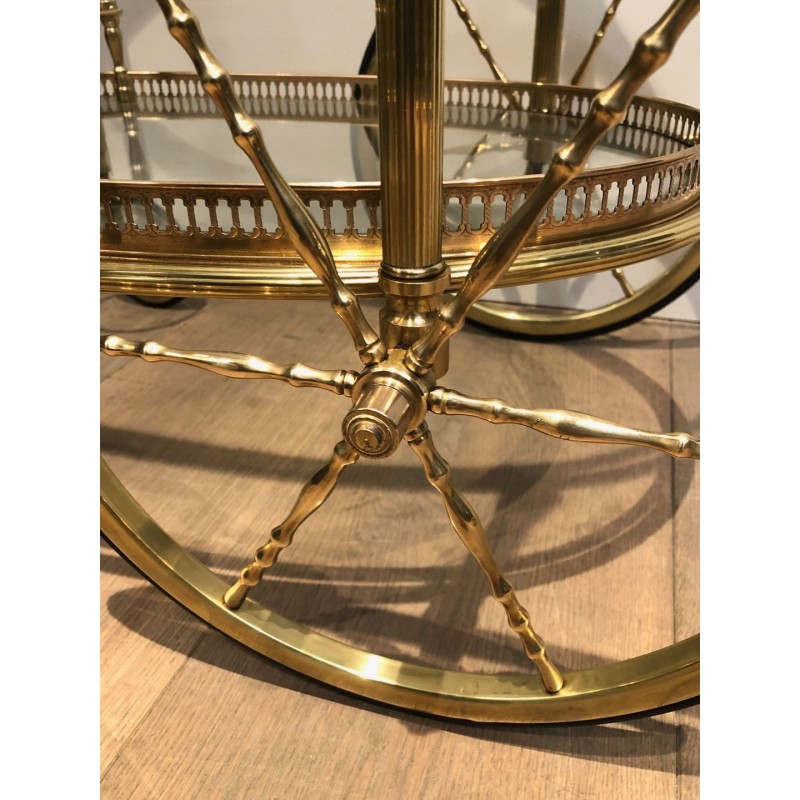 Oval Two-Tier Brass Bar Trolley with Gallery Rail, Maison Baguès, France circa 1940