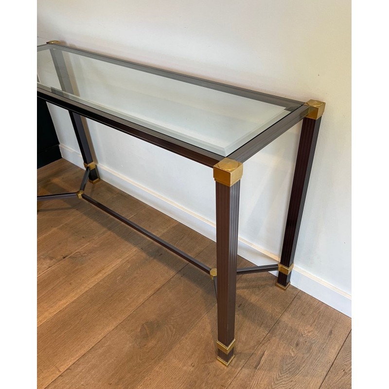 Glass-Top Console Table in Lacquered Aluminium & Gilt Metal, Pierre Vandel, France circa 1970