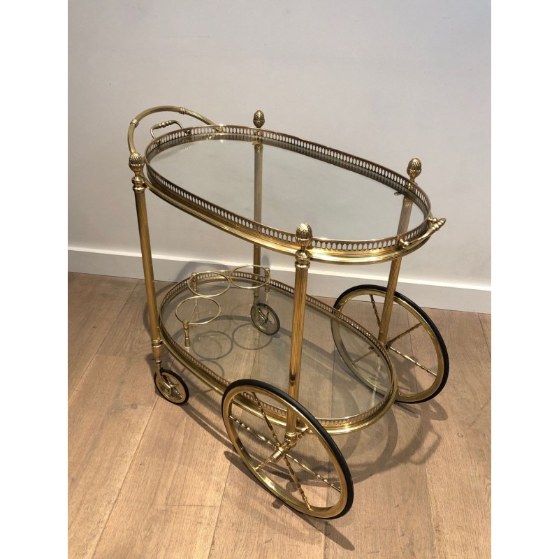 Oval Two-Tier Brass Bar Trolley with Gallery Rail, Maison Baguès, France circa 1940