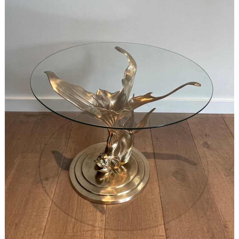 Table Basse en Laiton Sculpté à Base de Poisson et Plateau de Verre Rond, France vers 1970