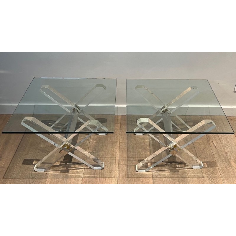 Pair of Lucite & Chrome X-Base Side Tables with Glass Tops, French Work circa 1970