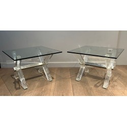 Pair of Lucite & Chrome X-Base Side Tables with Glass Tops, French Work circa 1970