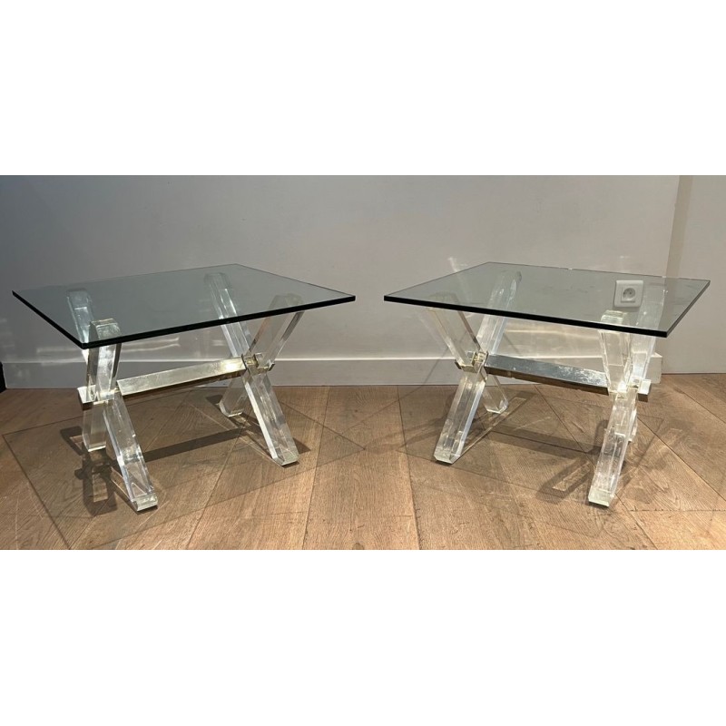 Pair of Lucite & Chrome X-Base Side Tables with Glass Tops, French Work circa 1970