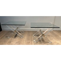 Pair of Lucite & Chrome X-Base Side Tables with Glass Tops, French Work circa 1970