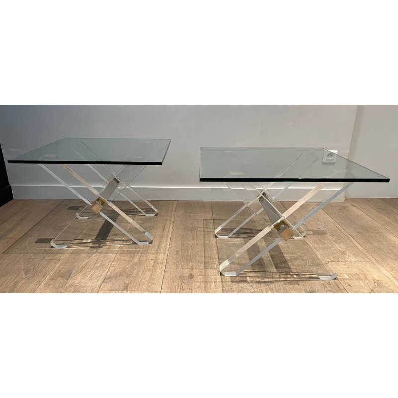 Pair of Lucite & Chrome X-Base Side Tables with Glass Tops, French Work circa 1970