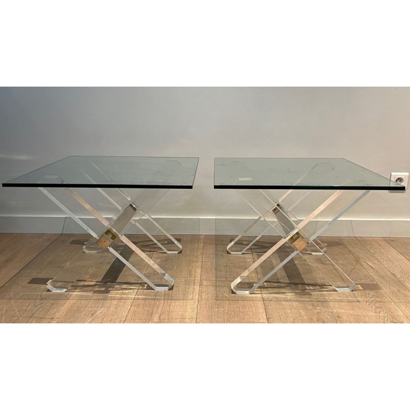 Pair of Lucite & Chrome X-Base Side Tables with Glass Tops, French Work circa 1970