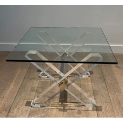 Pair of Lucite & Chrome X-Base Side Tables with Glass Tops, French Work circa 1970