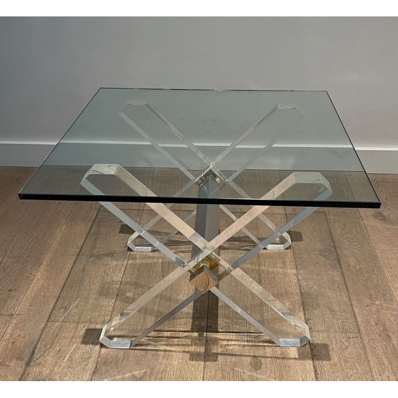 Pair of Lucite & Chrome X-Base Side Tables with Glass Tops, French Work circa 1970