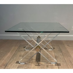 Pair of Lucite & Chrome X-Base Side Tables with Glass Tops, French Work circa 1970
