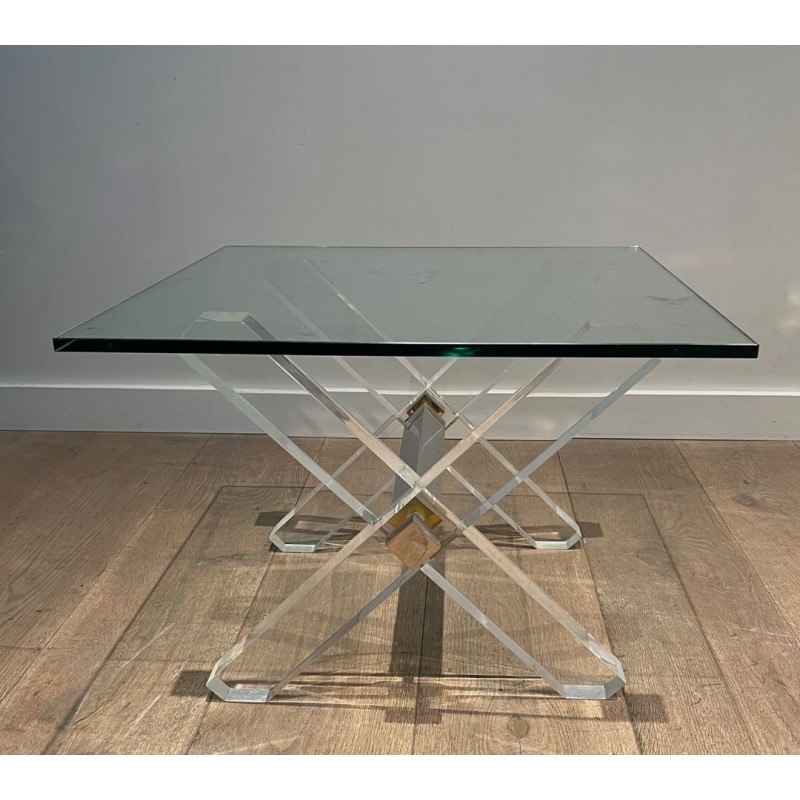 Pair of Lucite & Chrome X-Base Side Tables with Glass Tops, French Work circa 1970