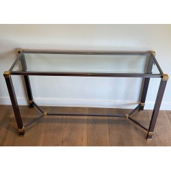 Glass-Top Console Table in Lacquered Aluminium & Gilt Metal, Pierre Vandel, France circa 1970