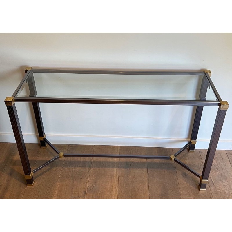 Glass-Top Console Table in Lacquered Aluminium & Gilt Metal, Pierre Vandel, France circa 1970