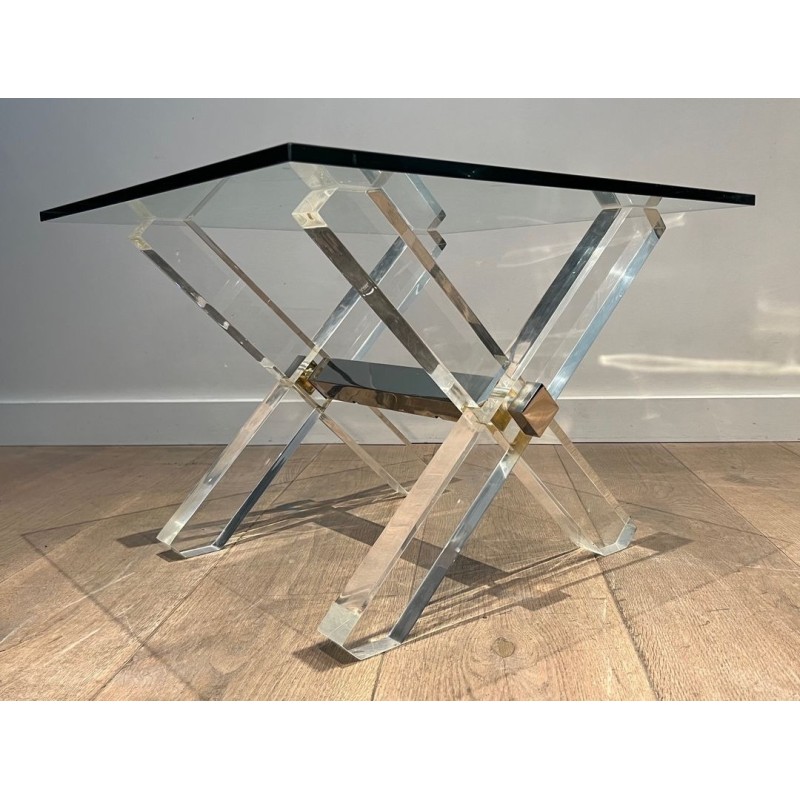 Pair of Lucite & Chrome X-Base Side Tables with Glass Tops, French Work circa 1970