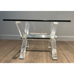 Pair of Lucite & Chrome X-Base Side Tables with Glass Tops, French Work circa 1970