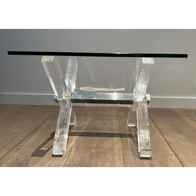Pair of Lucite & Chrome X-Base Side Tables with Glass Tops, French Work circa 1970