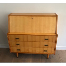 Drop-Front Secretary Desk in Sycamore with Bronze Handles, French Work circa 1970