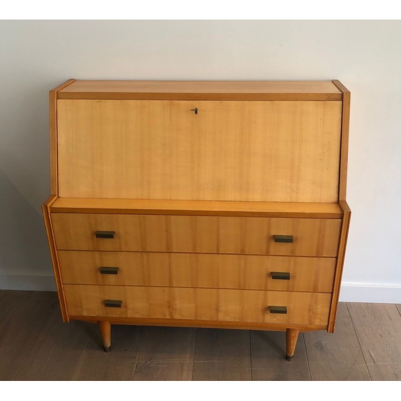 Drop-Front Secretary Desk in Sycamore with Bronze Handles, French Work circa 1970