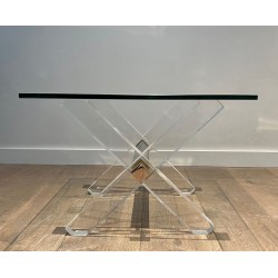 Pair of Lucite & Chrome X-Base Side Tables with Glass Tops, French Work circa 1970