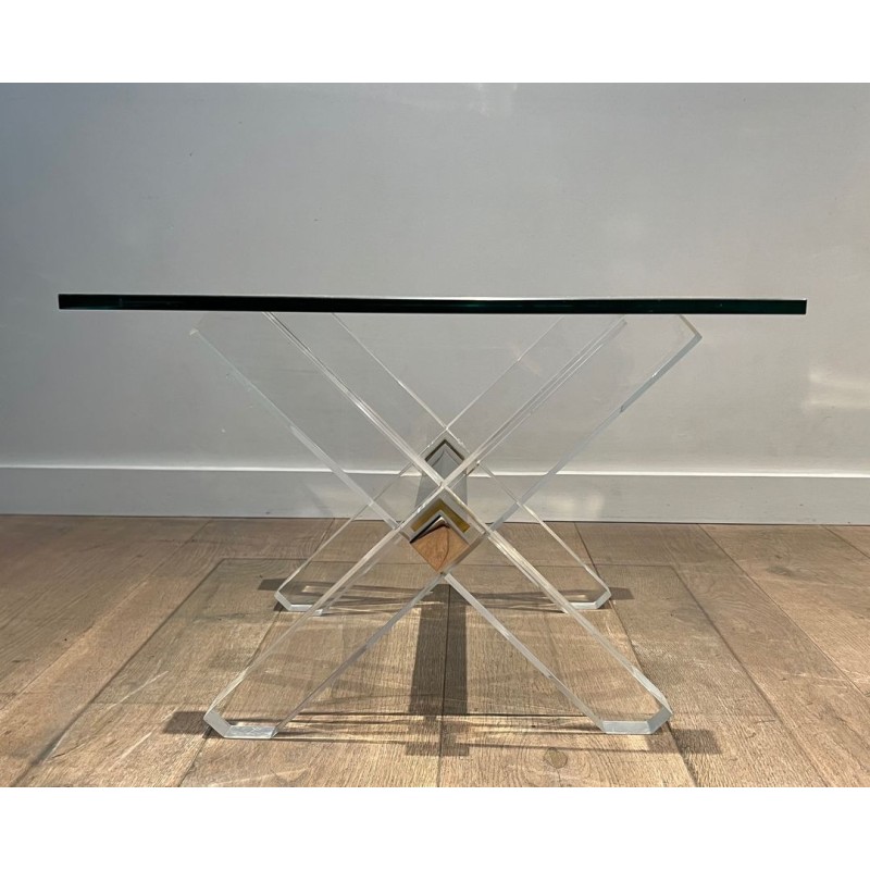Pair of Lucite & Chrome X-Base Side Tables with Glass Tops, French Work circa 1970