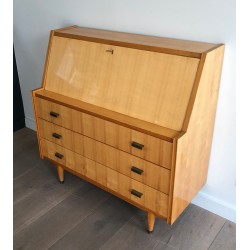 Drop-Front Secretary Desk in Sycamore with Bronze Handles, French Work circa 1970
