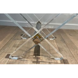 Pair of Lucite & Chrome X-Base Side Tables with Glass Tops, French Work circa 1970