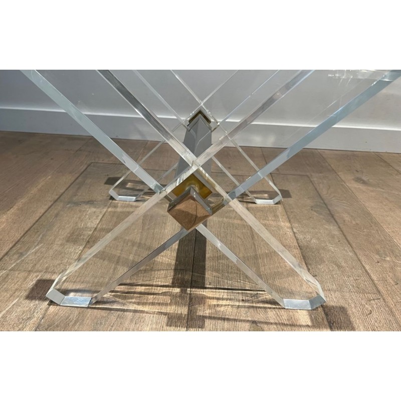 Pair of Lucite & Chrome X-Base Side Tables with Glass Tops, French Work circa 1970