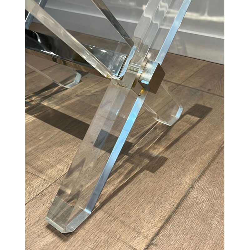 Pair of Lucite & Chrome X-Base Side Tables with Glass Tops, French Work circa 1970