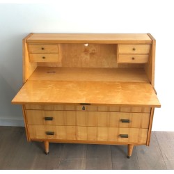 Drop-Front Secretary Desk in Sycamore with Bronze Handles, French Work circa 1970