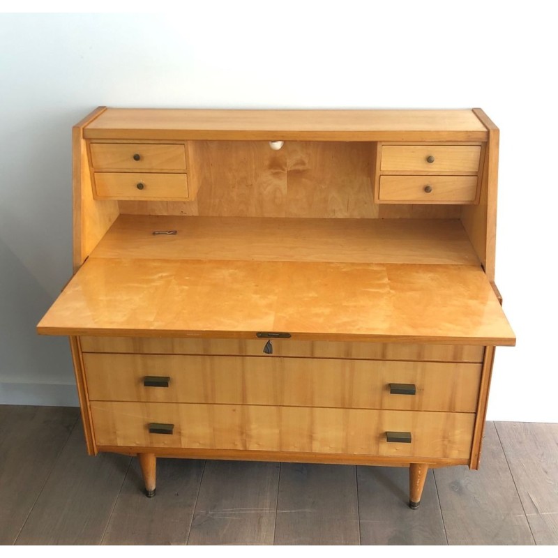 Drop-Front Secretary Desk in Sycamore with Bronze Handles, French Work circa 1970