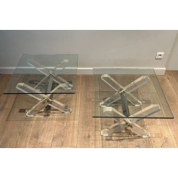 Pair of Lucite & Chrome X-Base Side Tables with Glass Tops, French Work circa 1970