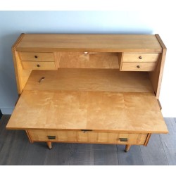 Drop-Front Secretary Desk in Sycamore with Bronze Handles, French Work circa 1970
