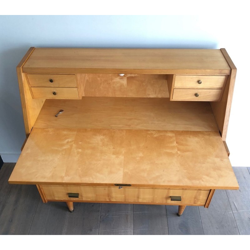 Drop-Front Secretary Desk in Sycamore with Bronze Handles, French Work circa 1970
