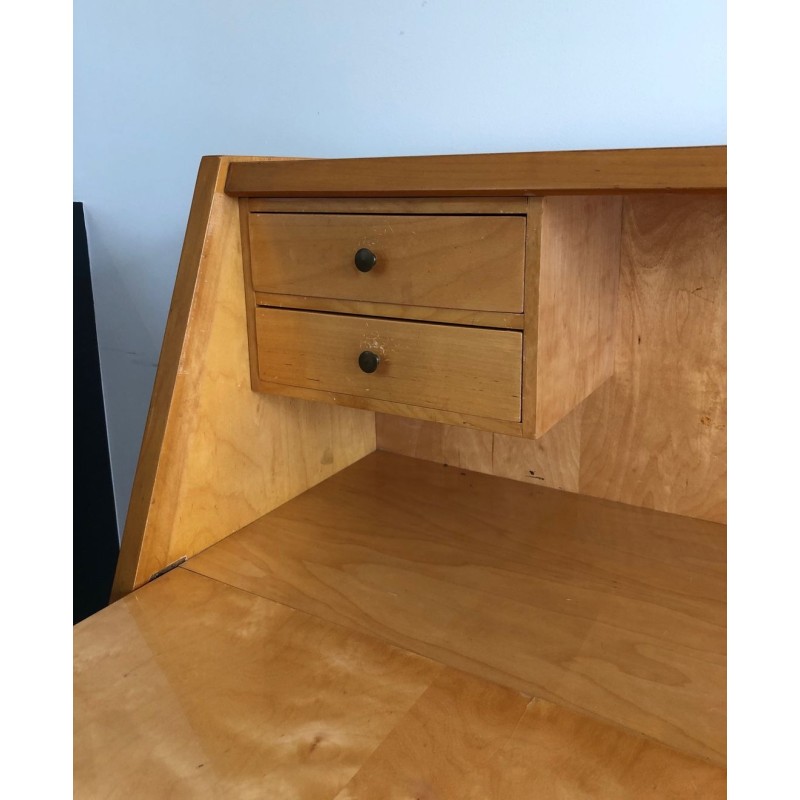 Drop-Front Secretary Desk in Sycamore with Bronze Handles, French Work circa 1970