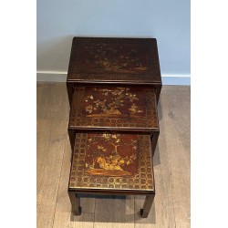 Set of Three Lacquered Nesting Tables with Chinoiserie Decoration, France circa 1940