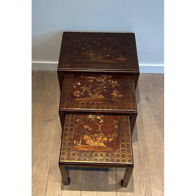 Set of Three Lacquered Nesting Tables with Chinoiserie Decoration, France circa 1940
