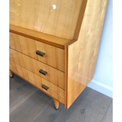 Drop-Front Secretary Desk in Sycamore with Bronze Handles, French Work circa 1970