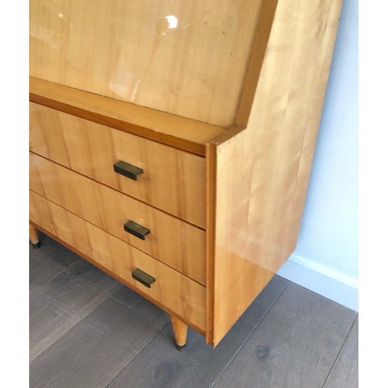 Drop-Front Secretary Desk in Sycamore with Bronze Handles, French Work circa 1970