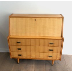 Drop-Front Secretary Desk in Sycamore with Bronze Handles, French Work circa 1970