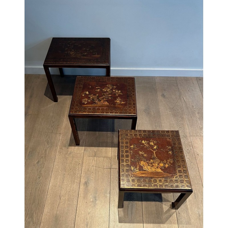 Set of Three Lacquered Nesting Tables with Chinoiserie Decoration, France circa 1940