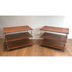 Paire de Consoles à Trois Niveaux en Acajou et Laiton, Maison Jansen, France vers 1940